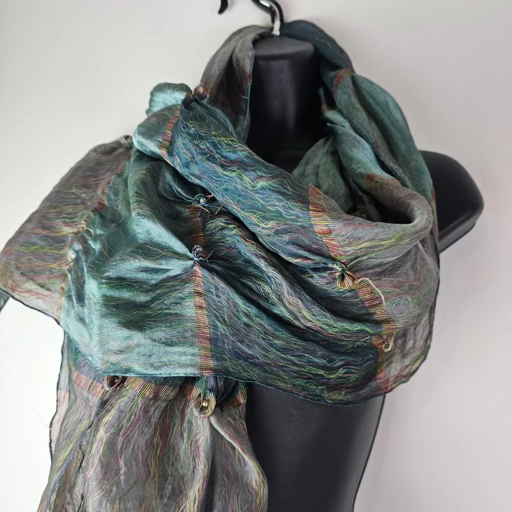 Green Shawl Scarf Lagenlook Festival Boho Artsy Art to Wear Irridescent Sheer‎